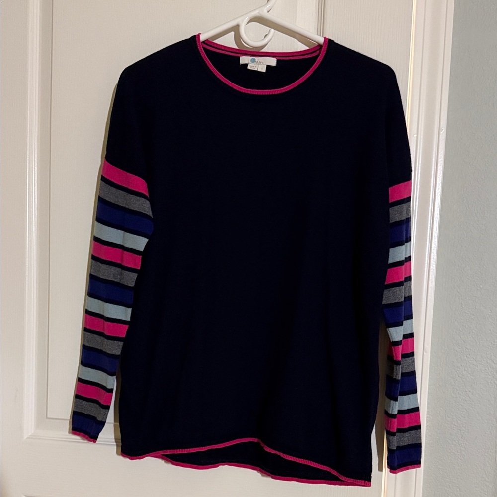 Boden Navy Sweater with Pink Trim and Striped Sleeves